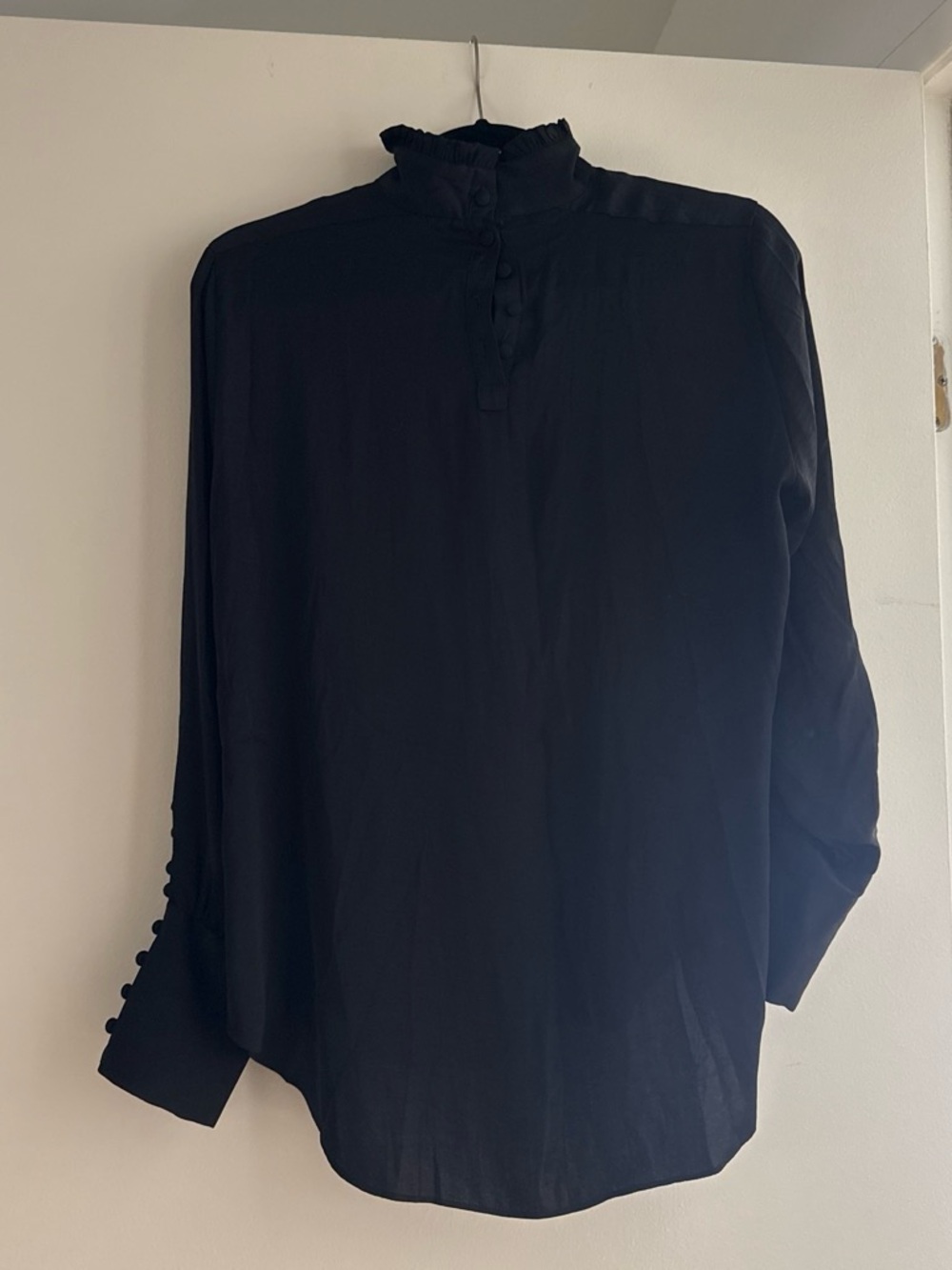 Zara Black Long-Sleeve Ruffled Mock-Neck Blouse